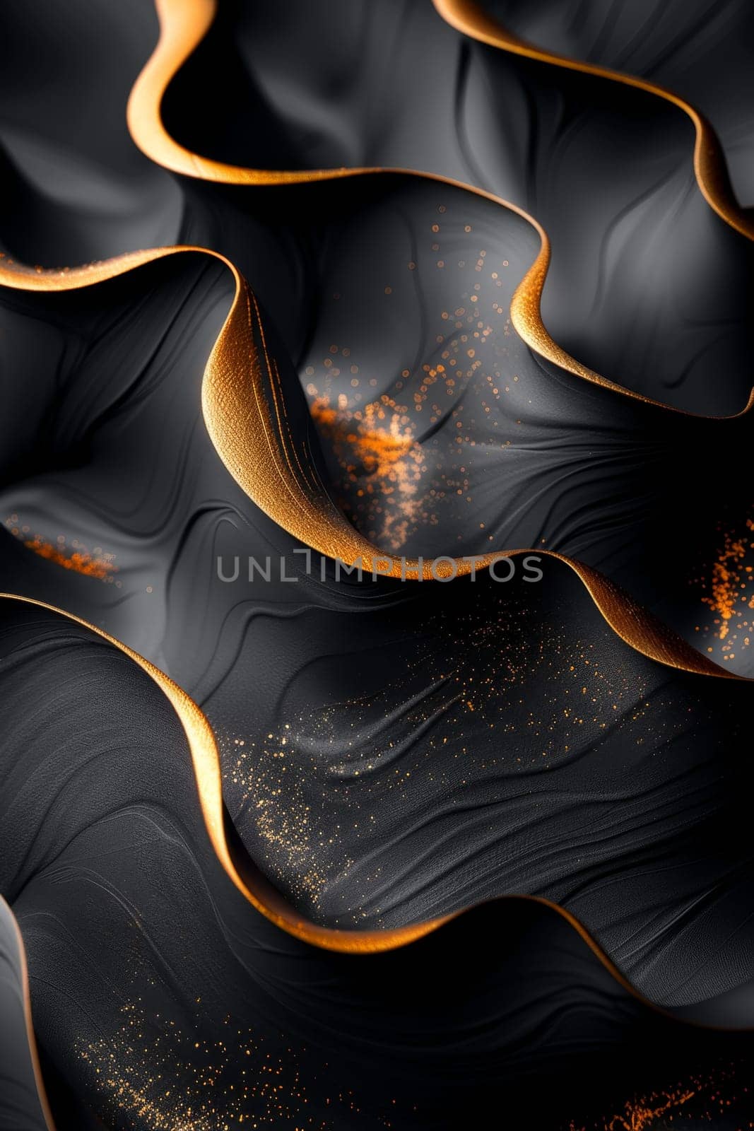 Abstract shiny gold wave design element with glitter effect on a black background.