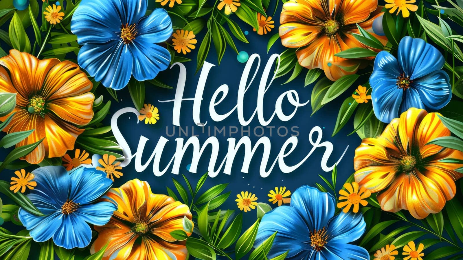 Summer sunny landscape. The inscription Hello SUMMER. The beginning of summer in the northern hemisphere. Illustration.