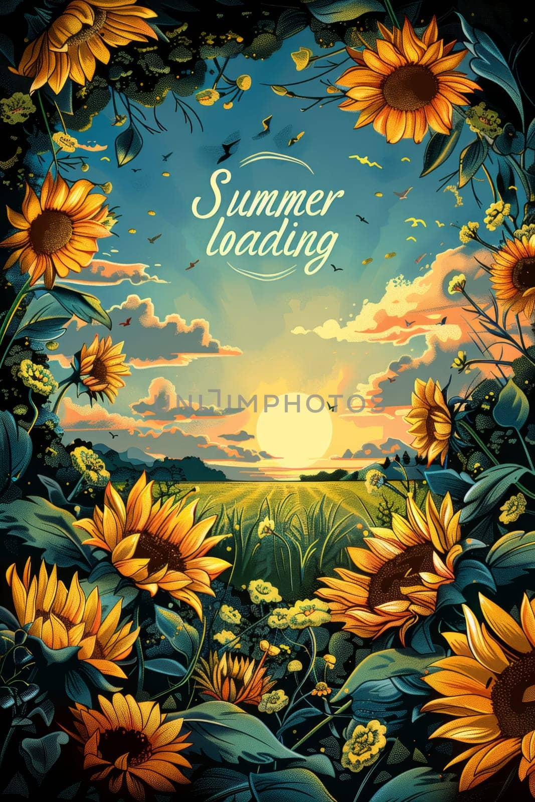 Summer sunny landscape. The inscription on the postcard summer loading. The beginning of summer in the northern hemisphere by Lobachad