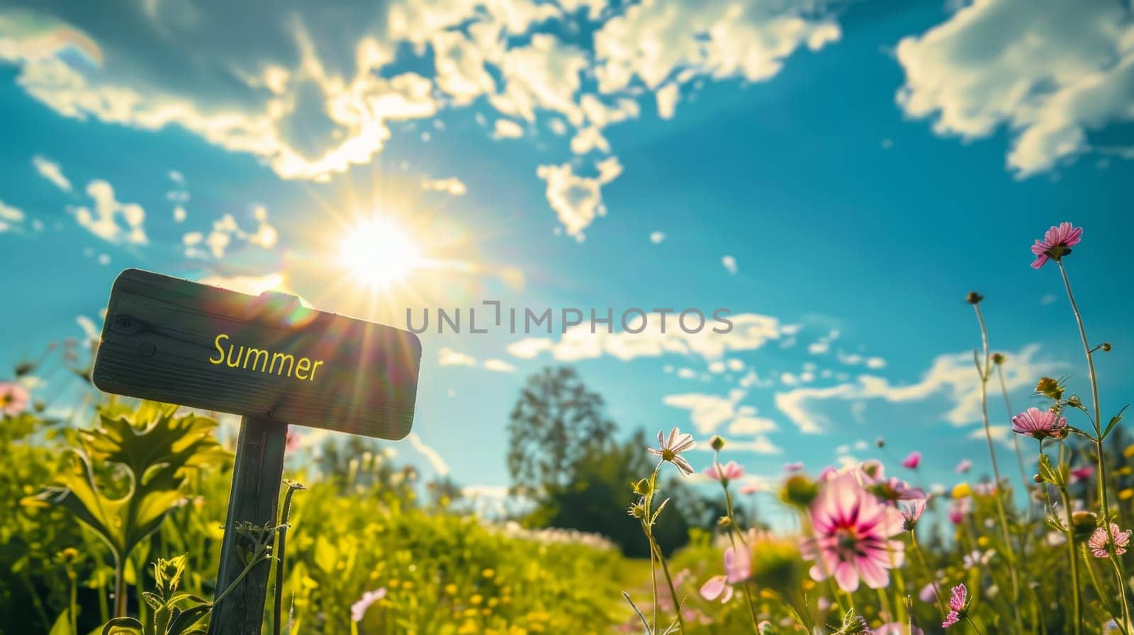 Summer sunny landscape. A sign with the inscription SUMMER. The beginning of summer in the northern hemisphere.