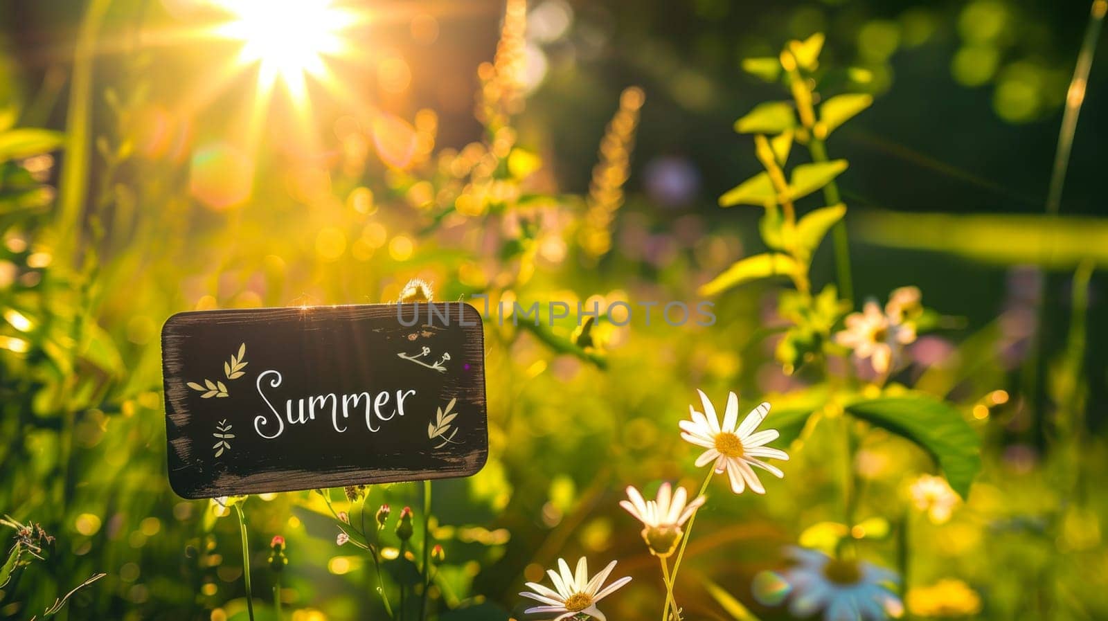 Summer sunny landscape. A sign with the inscription SUMMER. The beginning of summer in the northern hemisphere by Lobachad