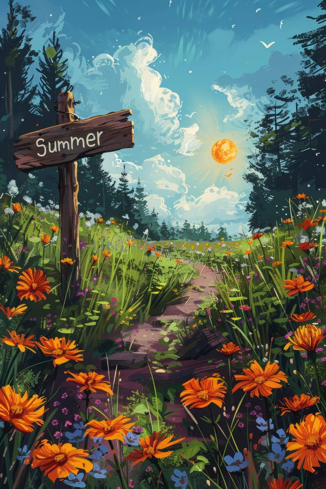 Summer sunny landscape. A sign with the inscription SUMMER. The beginning of summer in the northern hemisphere. illustration by Lobachad