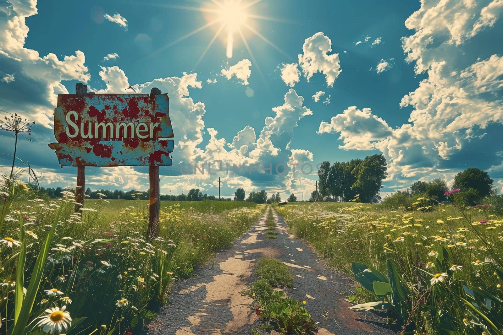 Summer sunny landscape. A sign with the inscription SUMMER. The beginning of summer in the northern hemisphere.