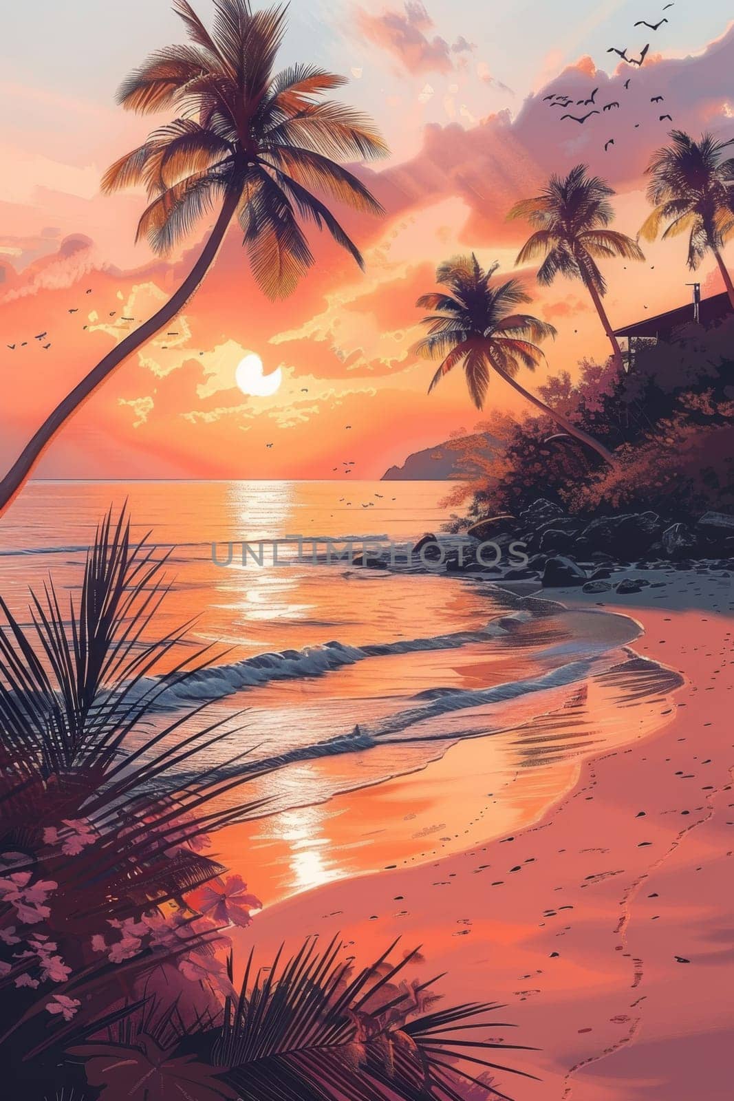 Tropical coast, beach. Sea view. The day of summer. Illustration by Lobachad