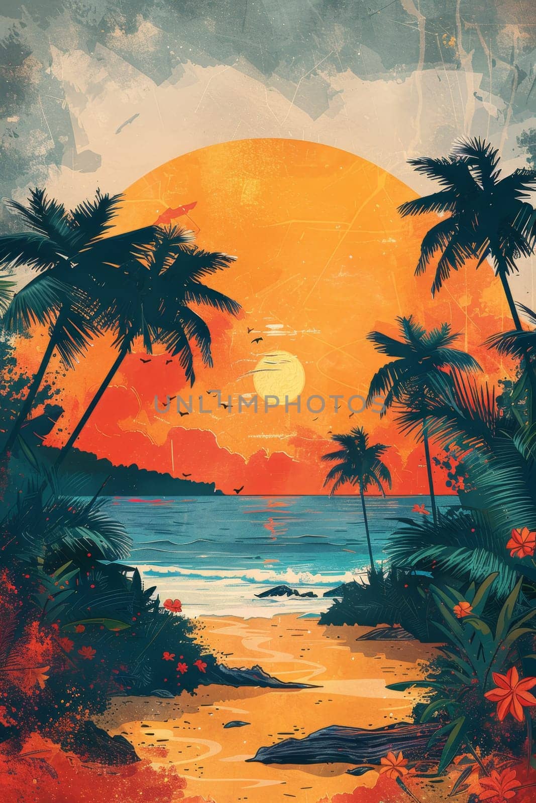 Tropical coast, beach. Sea view. The day of summer. Illustration