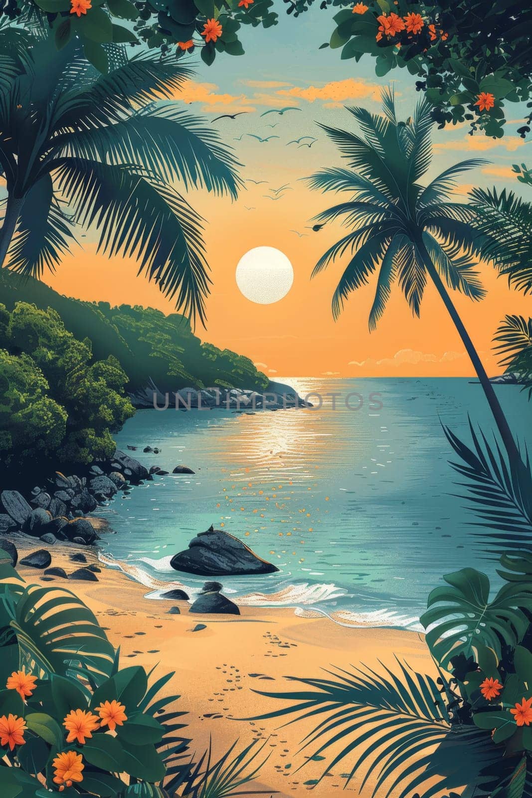 Tropical coast, beach. Sea view. The day of summer. Illustration by Lobachad