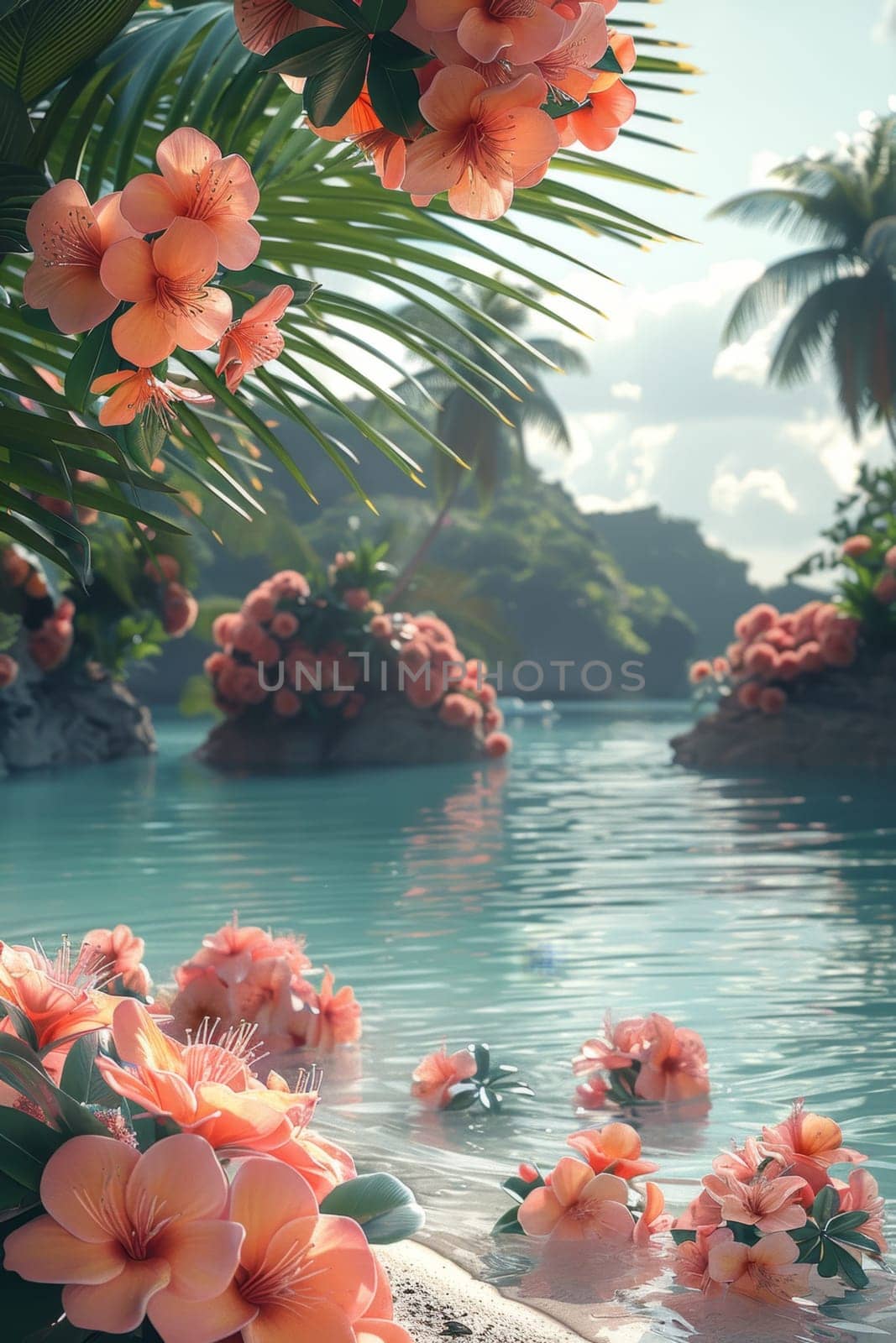 Tropical coast, beach. Sea view. The day of summer. Illustration by Lobachad