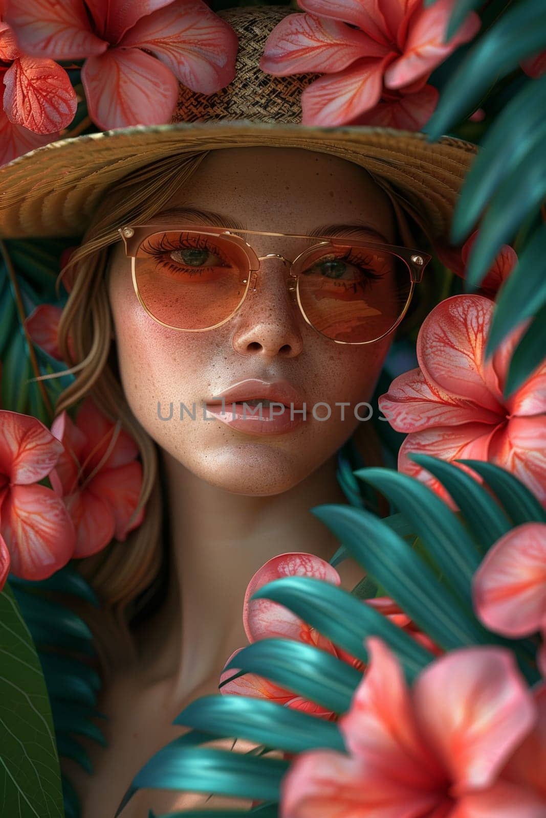 Portrait of a stylish girl in a straw hat and fashionable glasses posing next to an exotic plant. Summer Day.