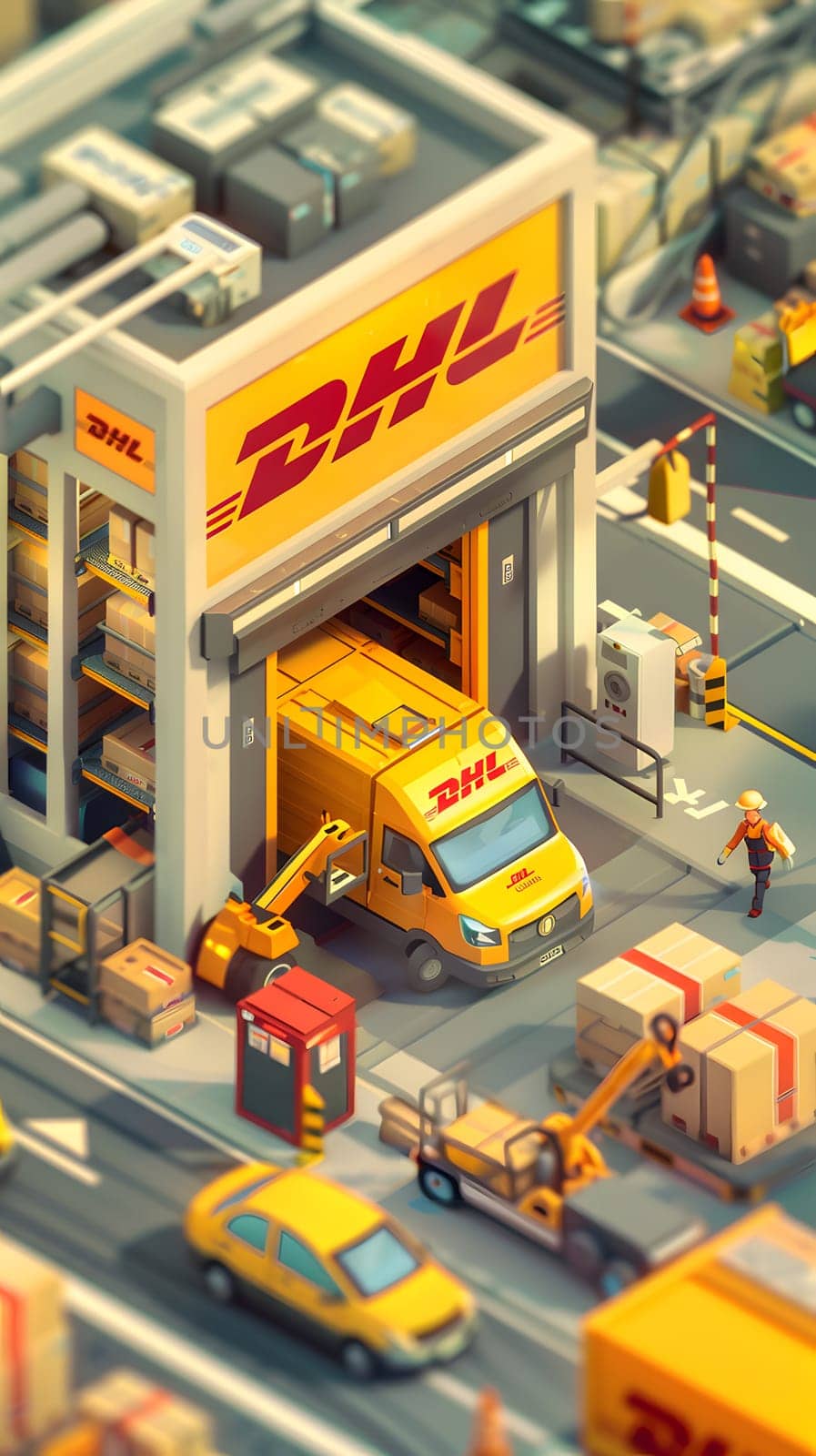 A yellow DHL delivery truck is parked in front of a building on the urban thoroughfare