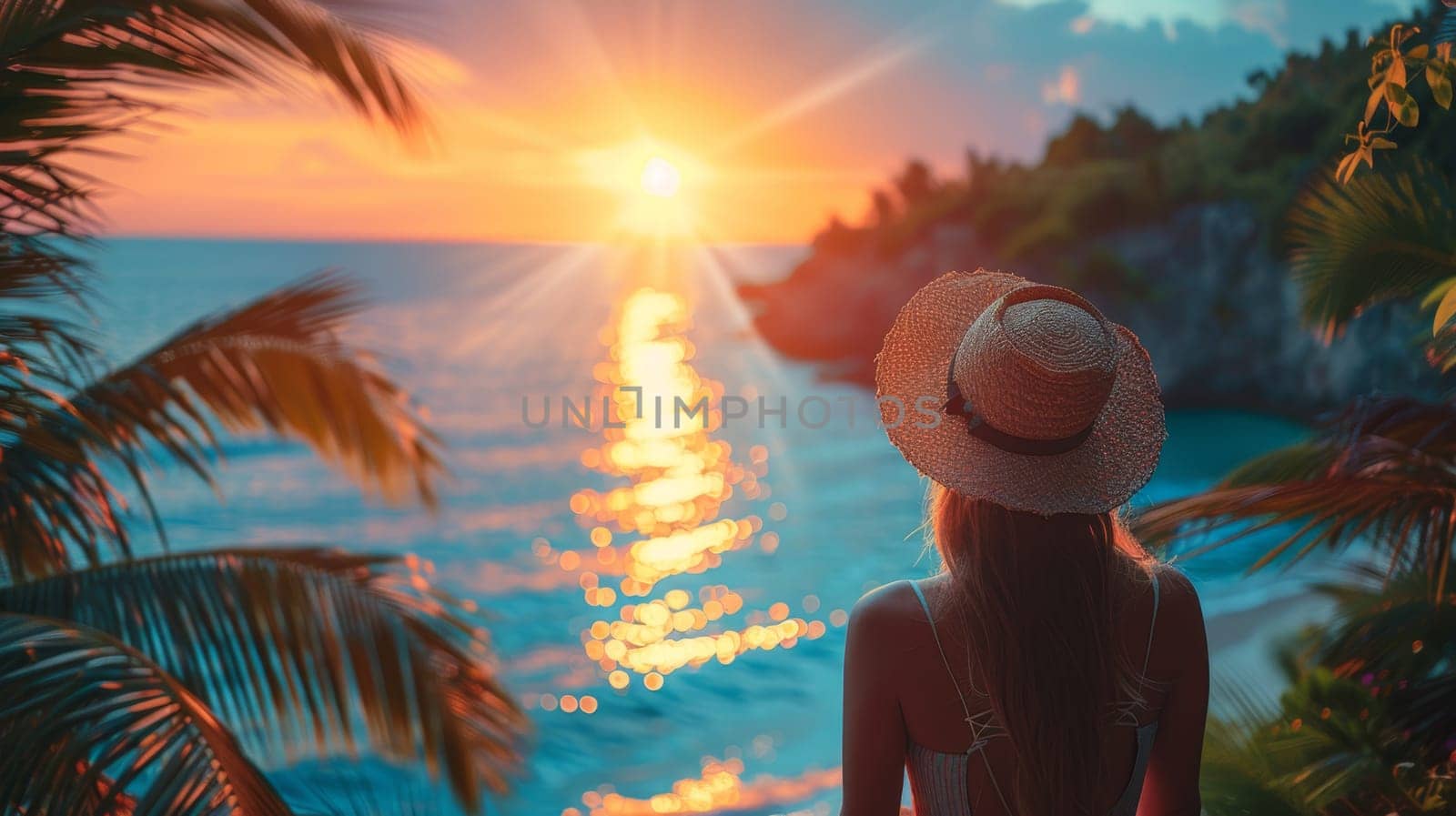 Tropical coast, beach. A girl in a hat at sunset. Sea view. Summer day.