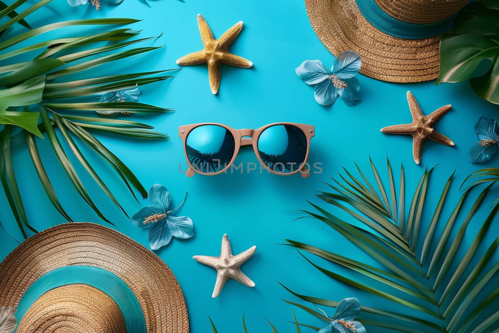 Colorful summer background. sunglasses, starfish and hat. The concept of summer holidays by Lobachad