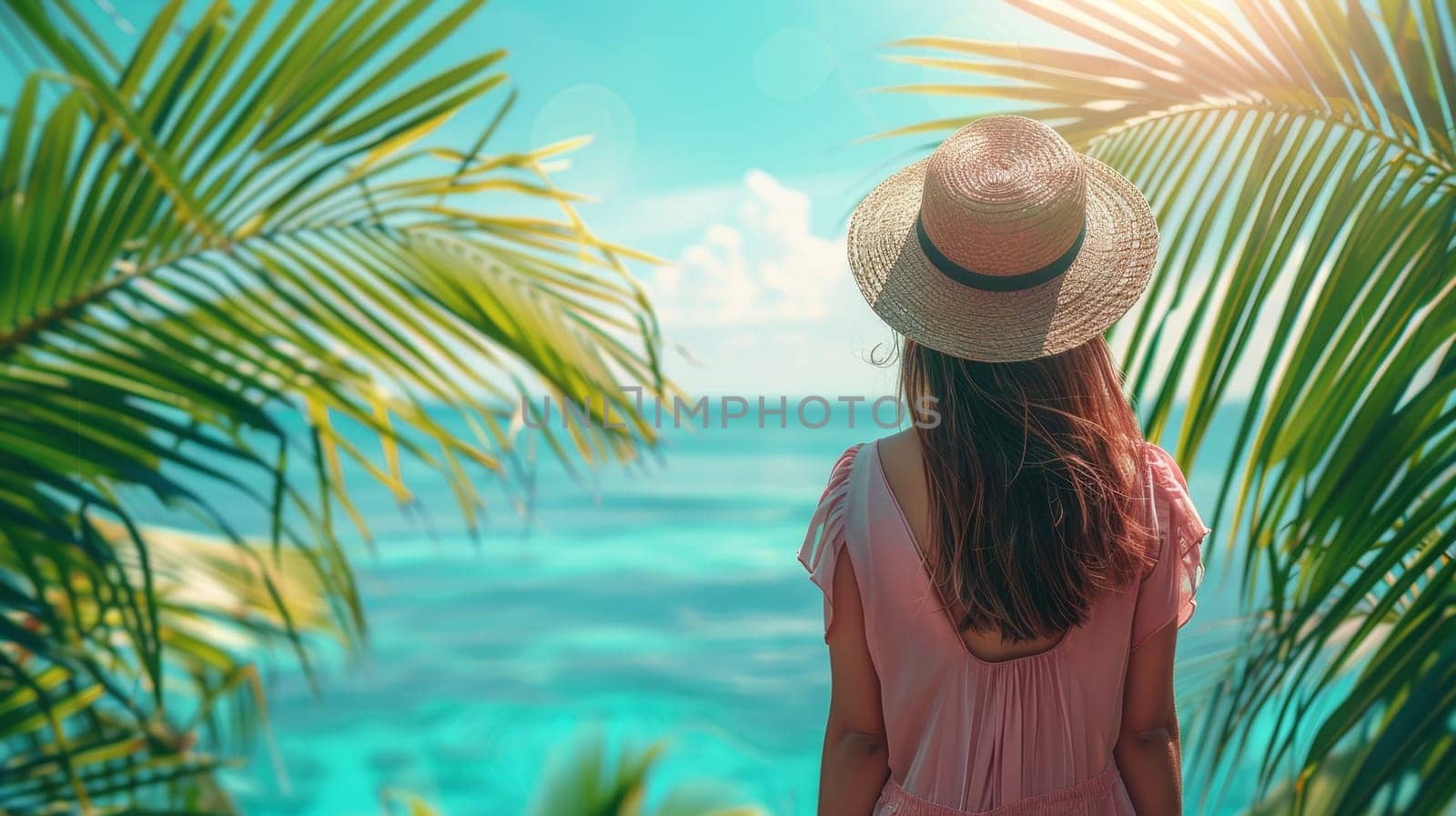 Tropical coast, beach. A girl in a hat overlooking the sea. Sea view. Summer day.