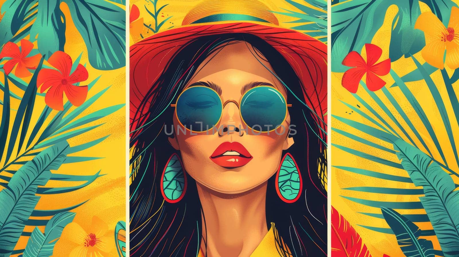 Portrait of a stylish girl in a straw hat and fashionable glasses posing next to an exotic plant. Summer Day. illustration by Lobachad