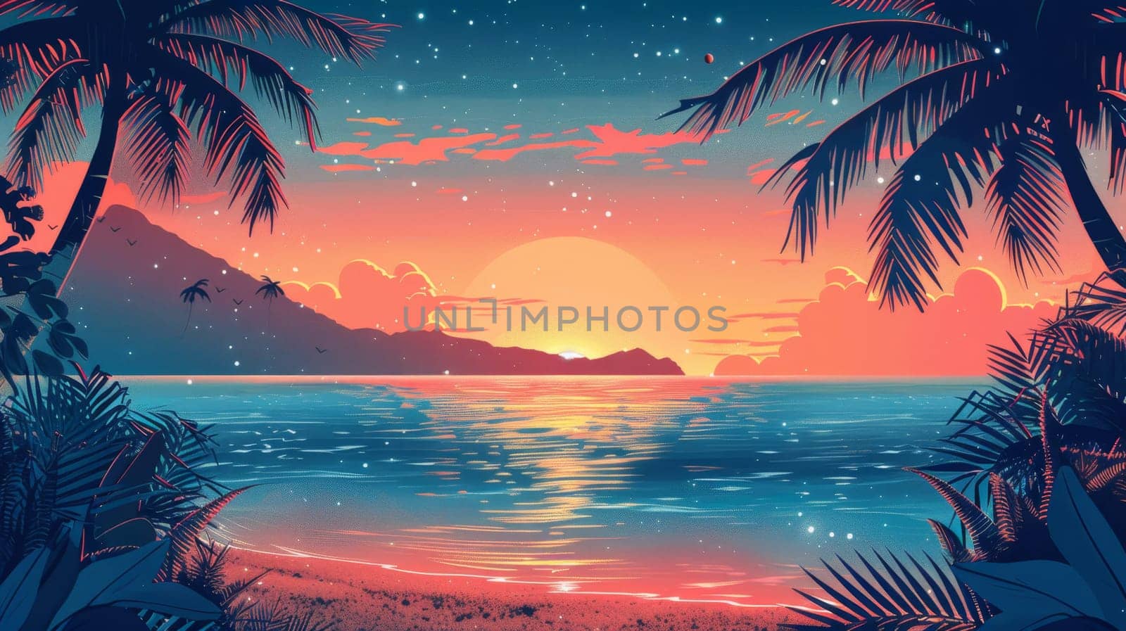 Tropical coast, beach. Sea view. The day of summer. Illustration by Lobachad