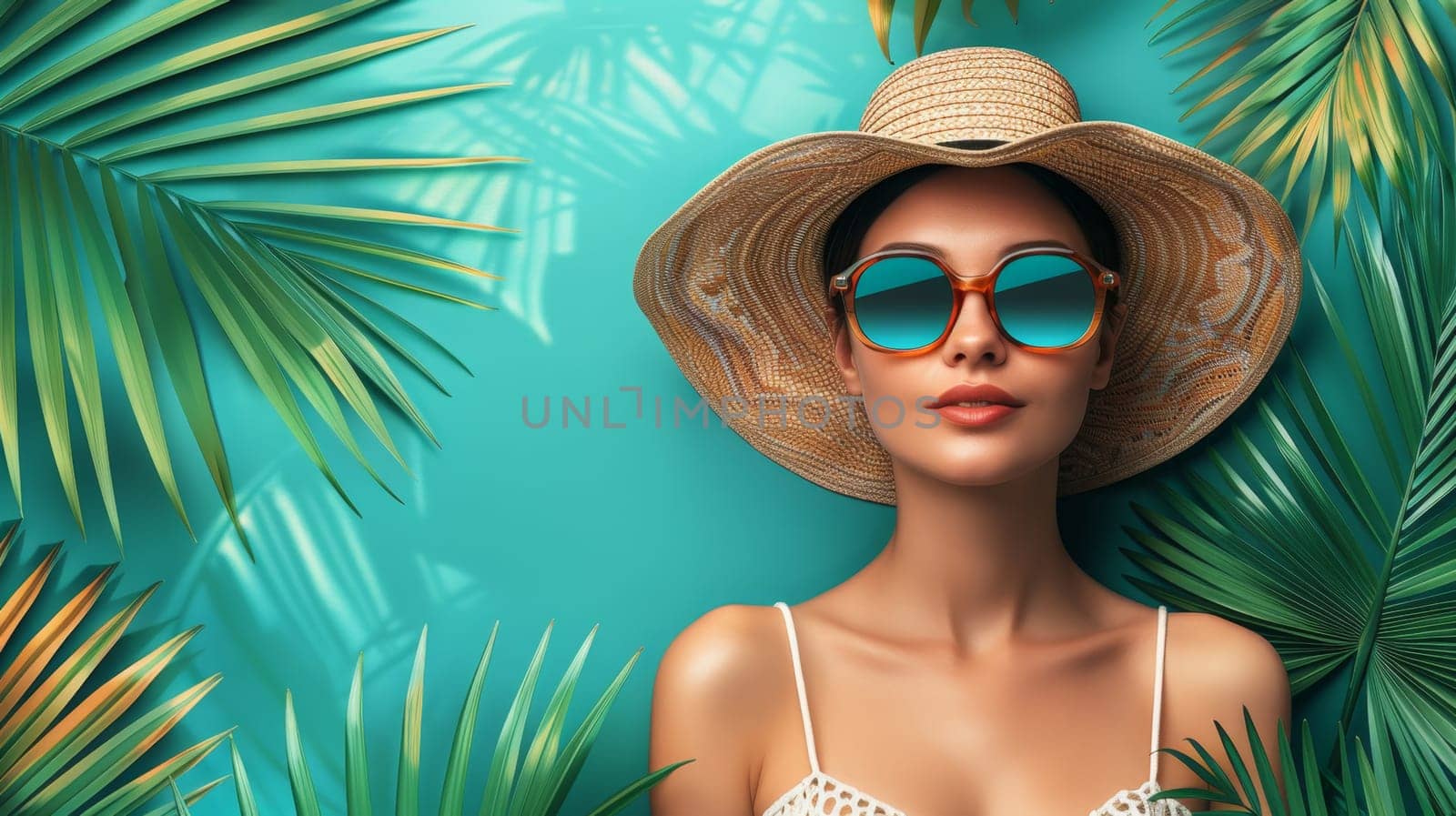 Portrait of a stylish girl in a straw hat and fashionable glasses posing next to an exotic plant. Summer Day by Lobachad