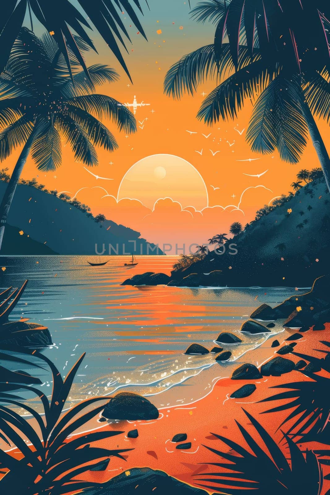 Tropical coast, beach. Sea view. The day of summer. Illustration