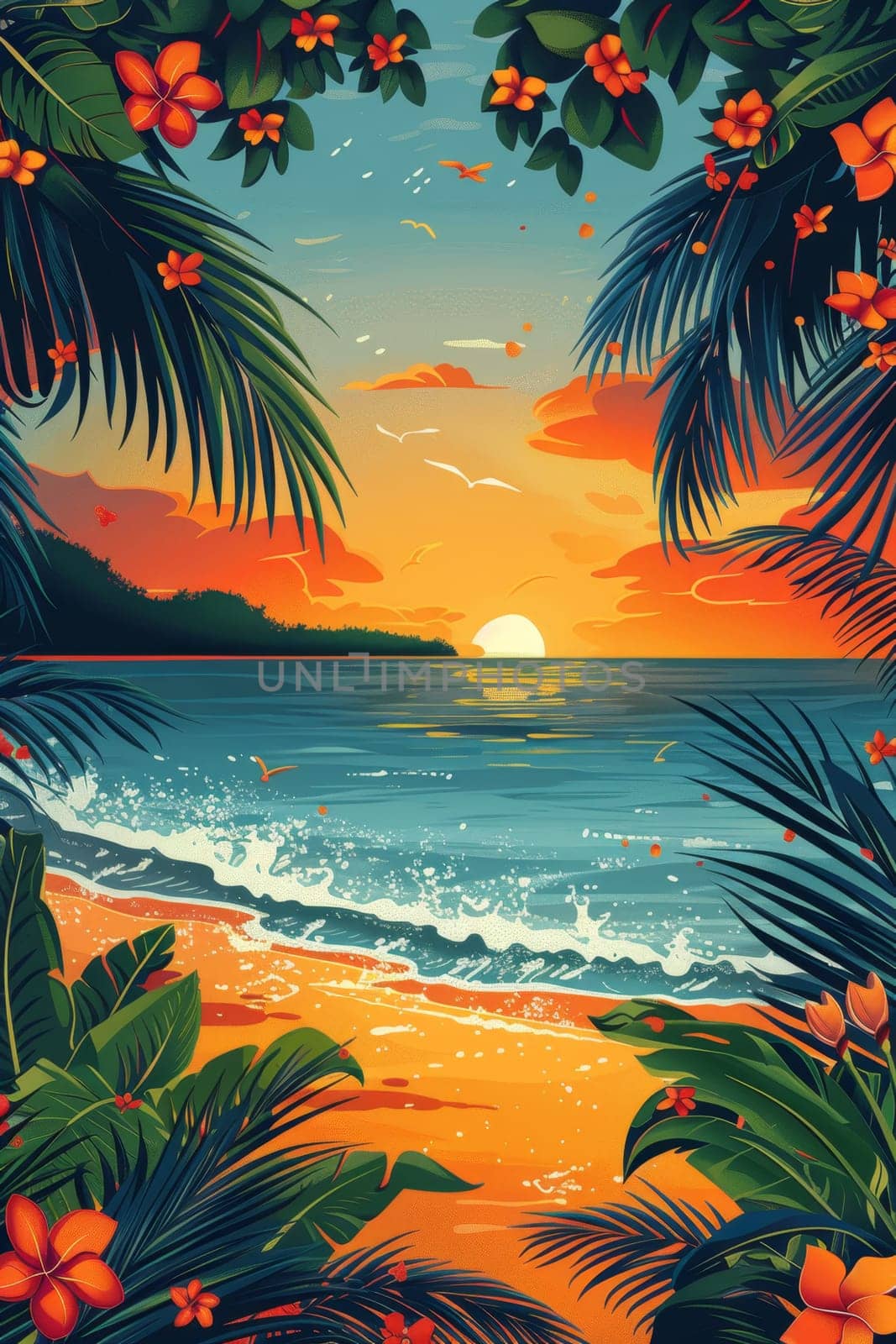 Tropical coast, beach. Sea view. The day of summer. Illustration