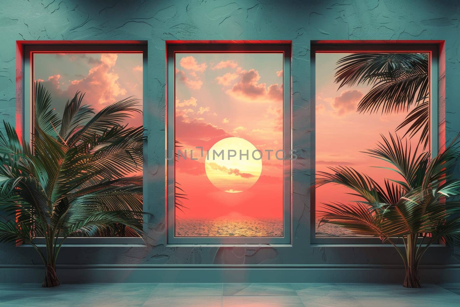 Sunset view from the large panoramic window. Summer day by Lobachad