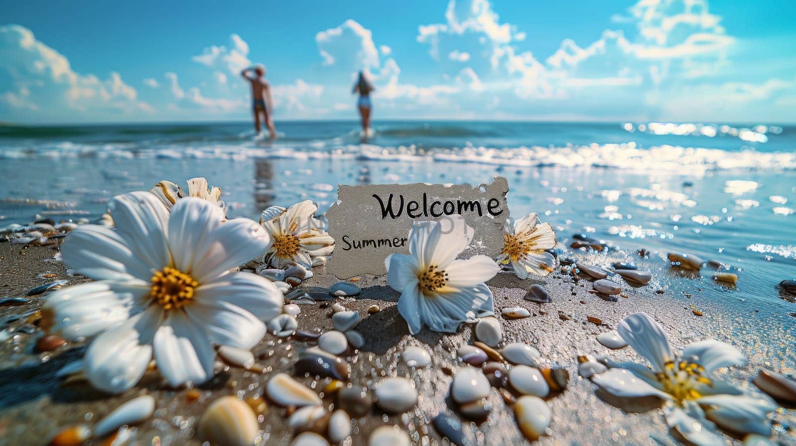 A sunny beach with flowers . postcard. The inscription on the postcard is Welcome to summer .