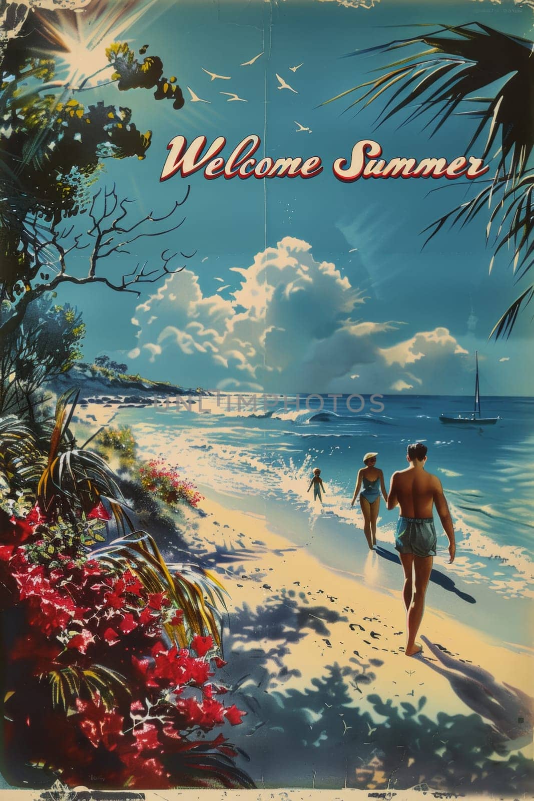 A sunny beach with cartoon characters. postcard. The inscription on the postcard is Welcome summer . illustration by Lobachad