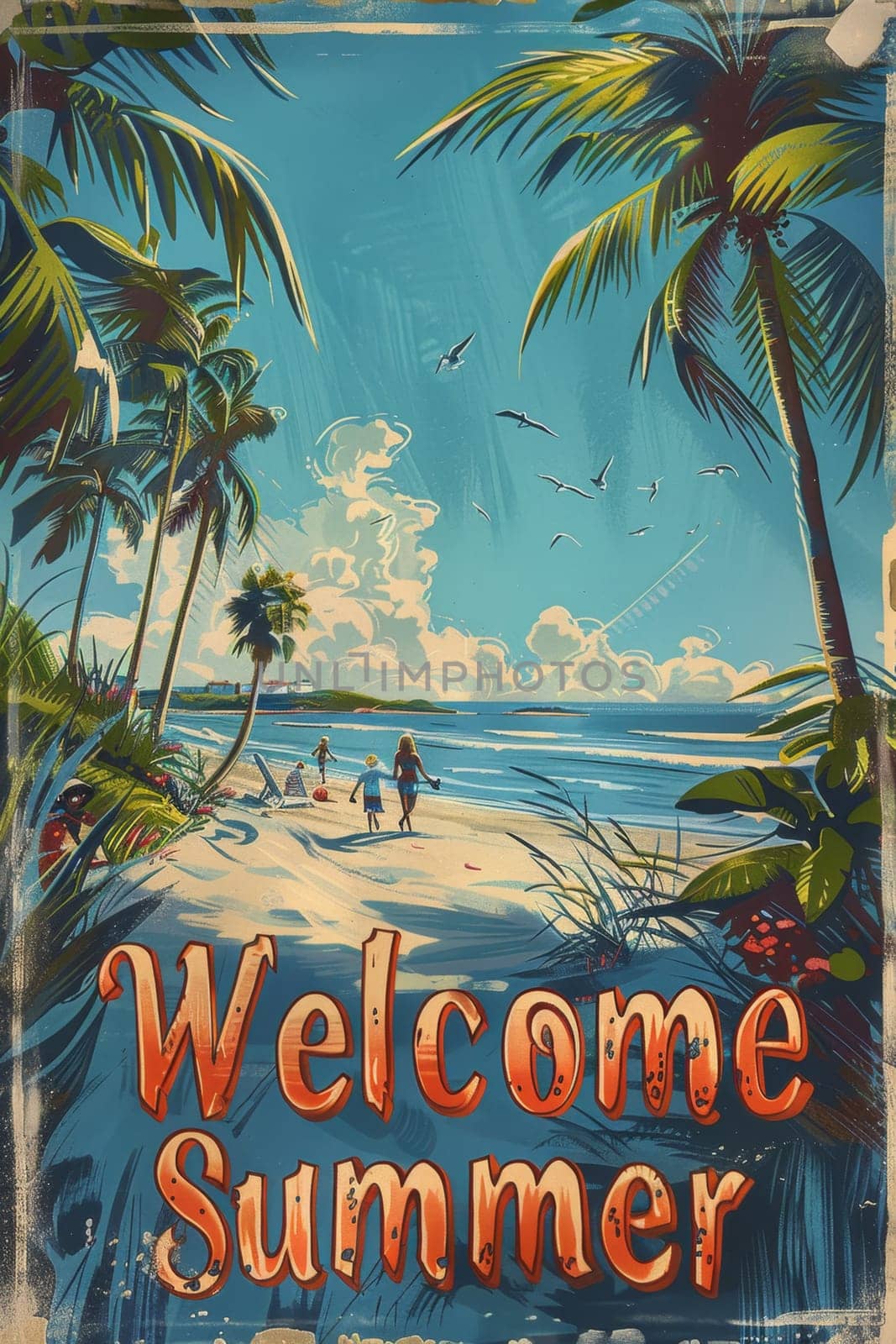 A sunny beach with cartoon characters. postcard. The inscription on the postcard is Welcome summer . illustration by Lobachad