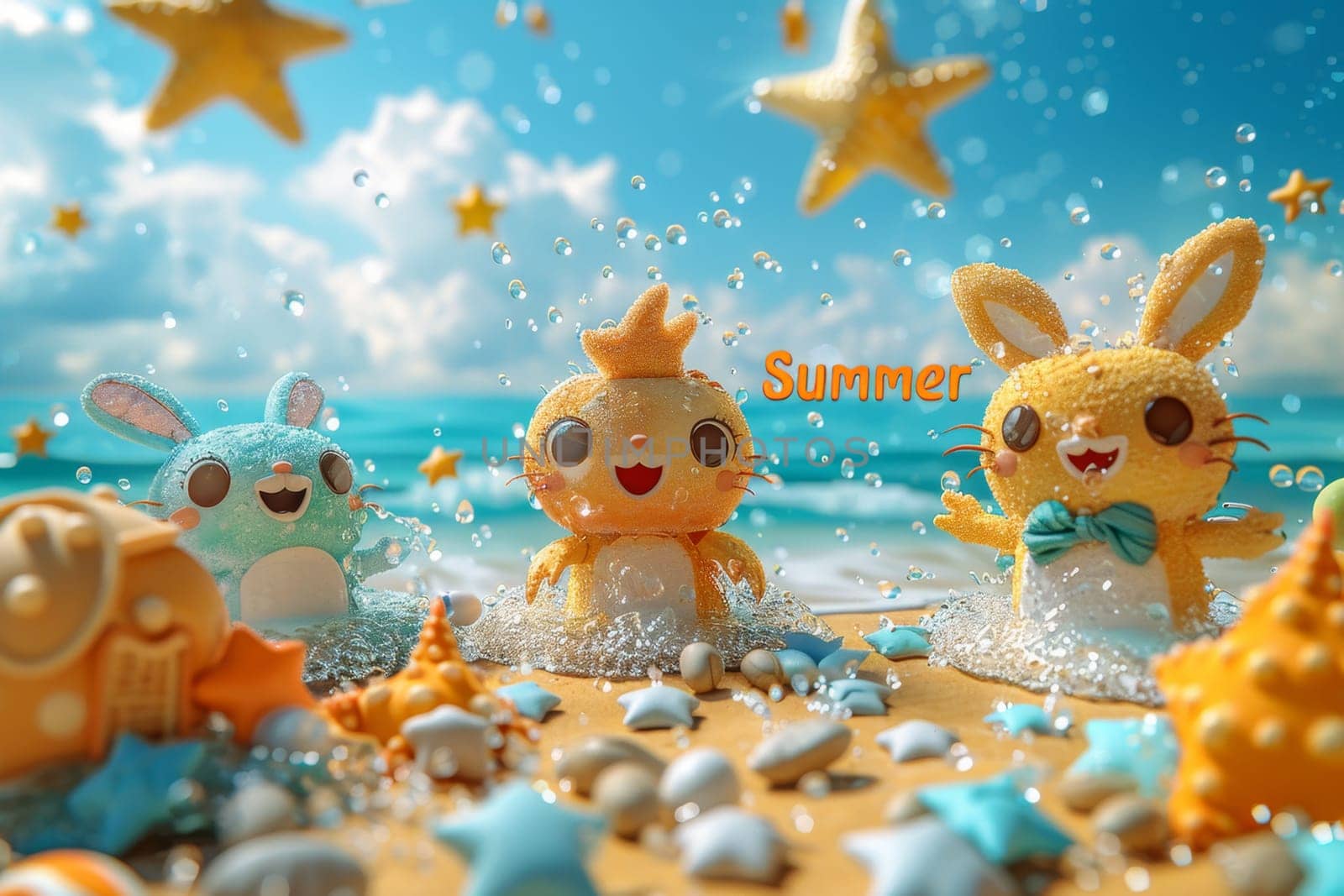 A sunny beach with cartoon characters. postcard. The inscription on the postcard is summer . 3d illustration by Lobachad