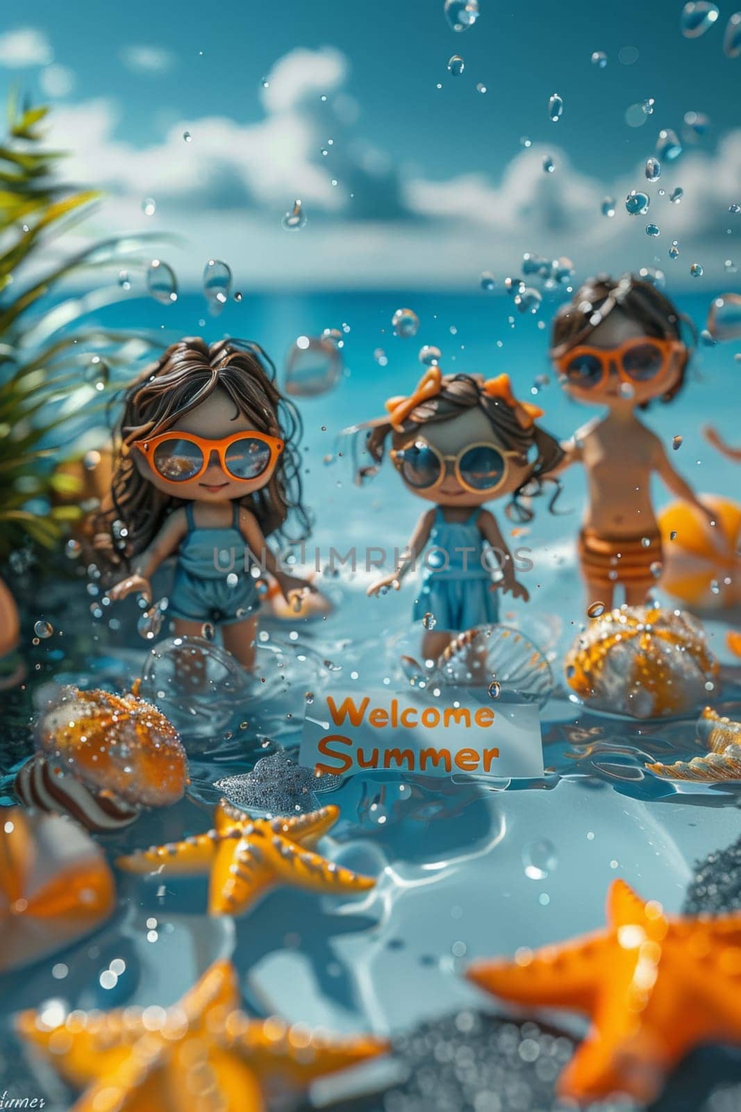 A sunny beach with cartoon characters. postcard. The inscription on the postcard is Welcome summer . 3d illustration by Lobachad