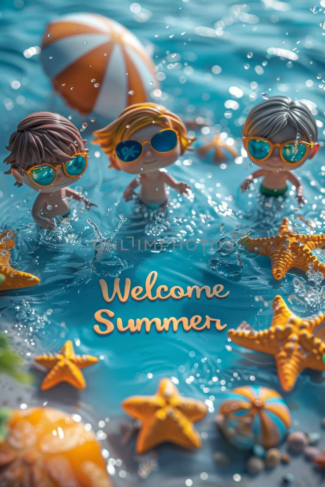 A sunny beach with cartoon characters. postcard. The inscription on the postcard is Welcome summer . 3d illustration.