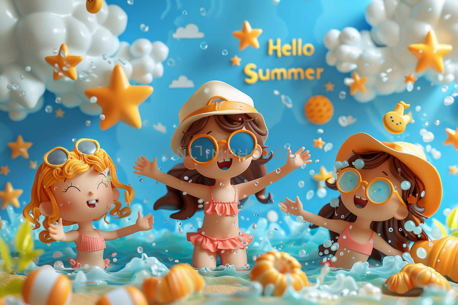 A sunny beach with cartoon characters. postcard. The inscription on the postcard Hello Summer. 3d illustration by Lobachad