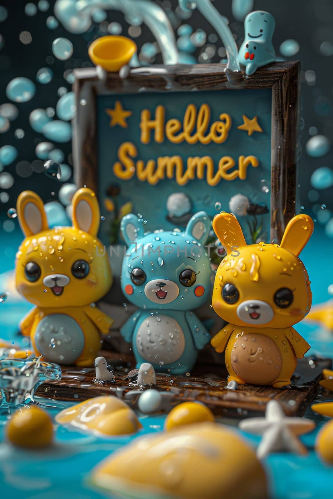 A sunny beach with cartoon characters. postcard. The inscription on the postcard Hello Summer. 3d illustration.