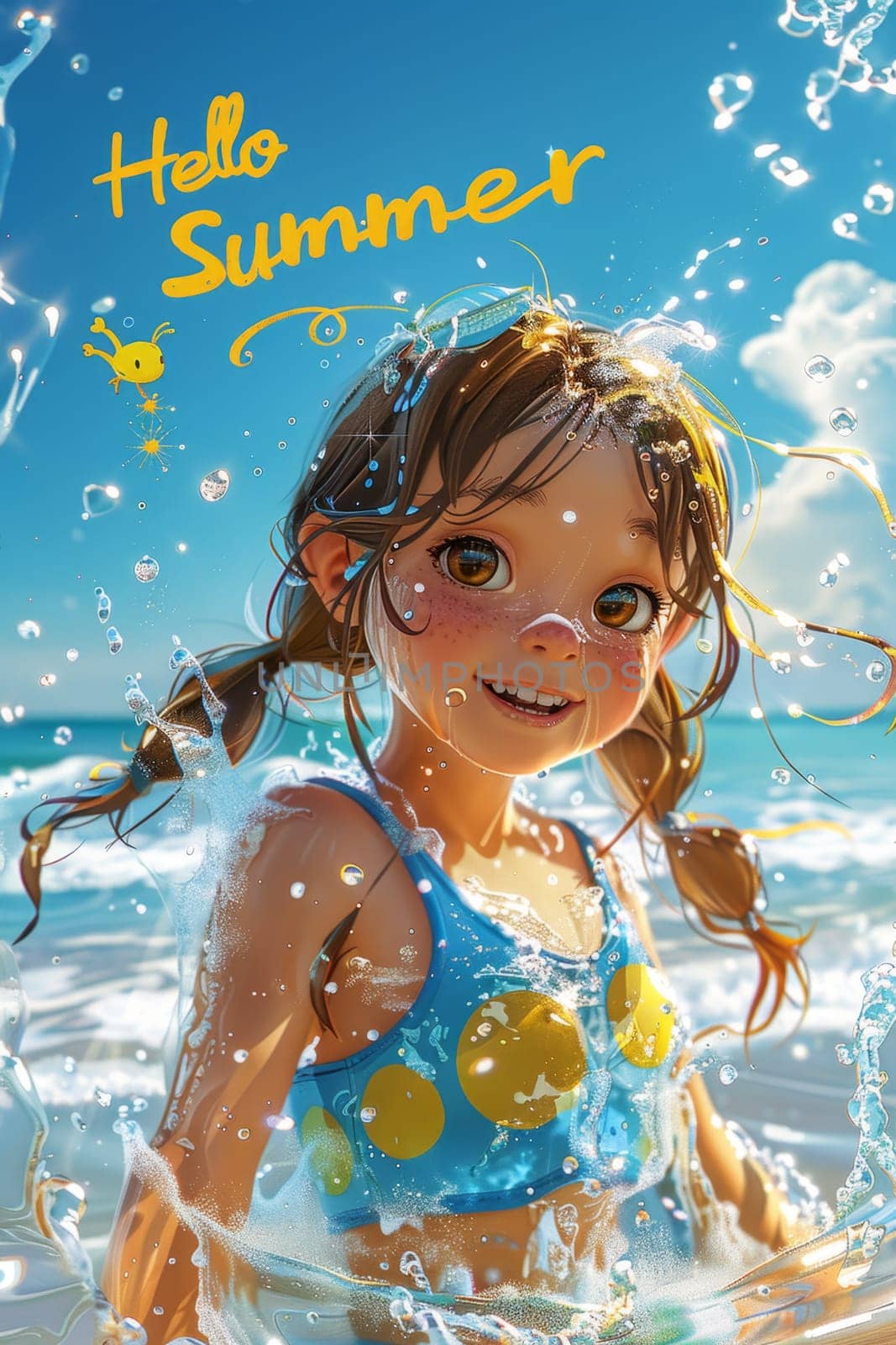 A sunny beach with cartoon characters. postcard. The inscription on the postcard Hello Summer. illustration.