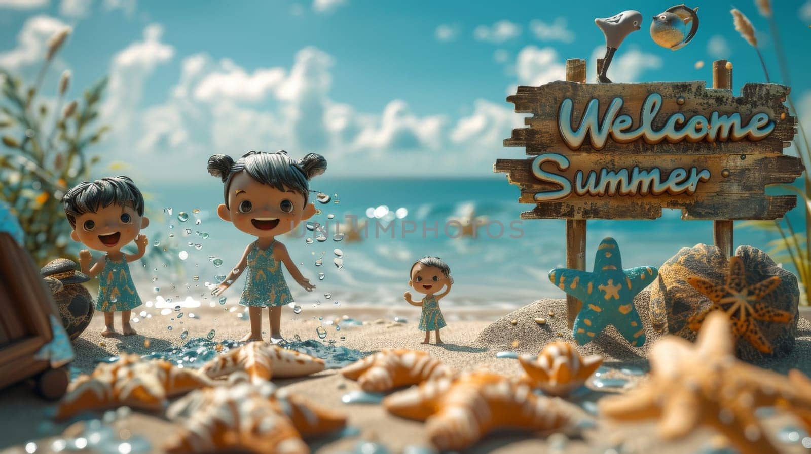 A sunny beach with cartoon characters. postcard. The inscription on the postcard is Welcome summer . 3d illustration by Lobachad