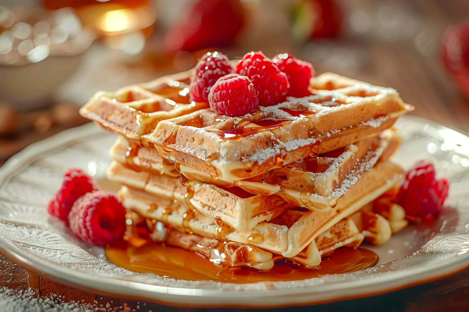 Close-up of a stack of Belgian waffles with fresh raspberries drizzled with maple syrup or honey on a platter.