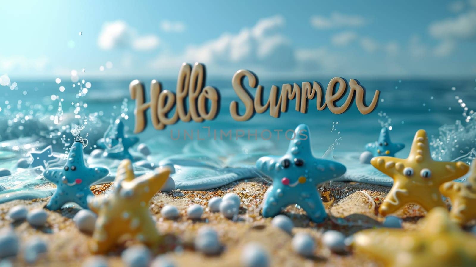 A sunny beach with cartoon characters. postcard. The inscription on the postcard Hello Summer. 3d illustration.