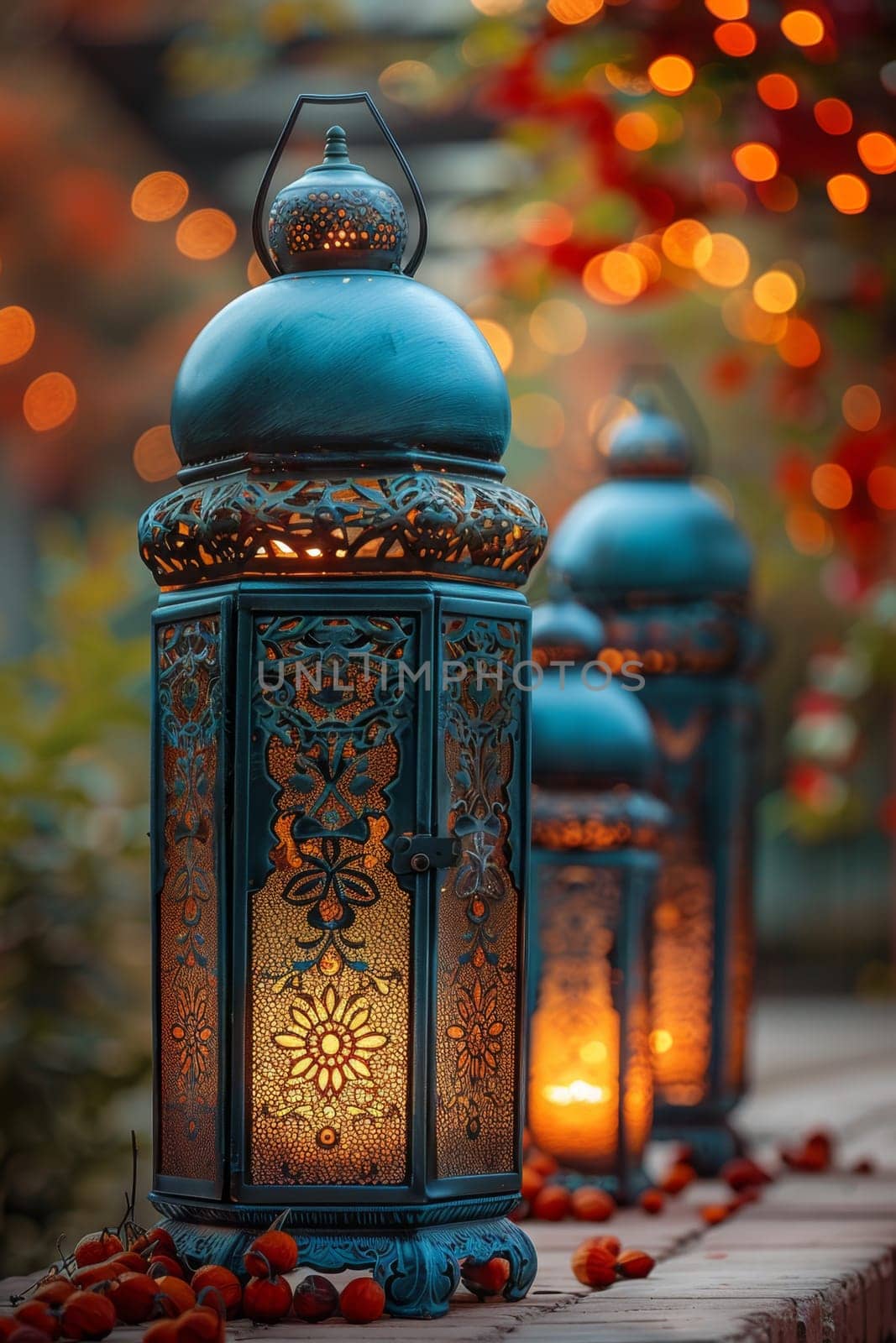 Decorative Arabic lantern with burning candle, glowing in the night. Festive card, invitation to the holy holiday for Muslims Eid al adha.