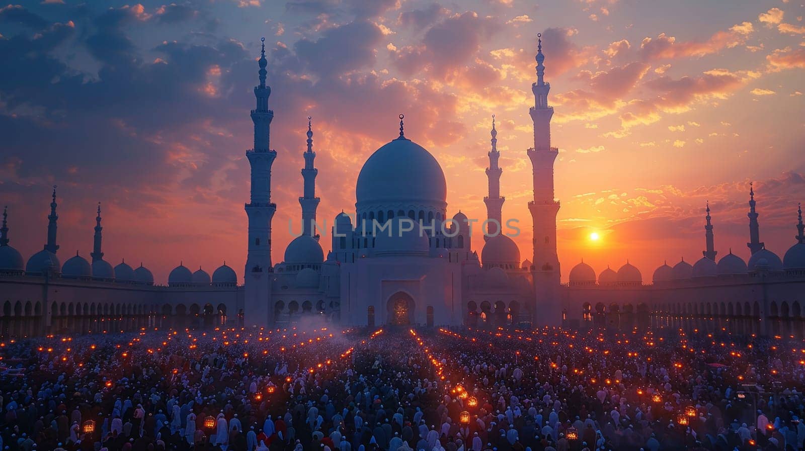 the Arab mosque in the evening lights. Eid al-adha. The Feast of Sacrifice.