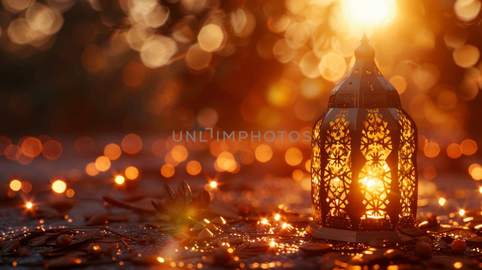 Decorative Arabic lantern with burning candle, glowing in the night. Festive card, invitation to the holy holiday for Muslims Eid al adha by Lobachad