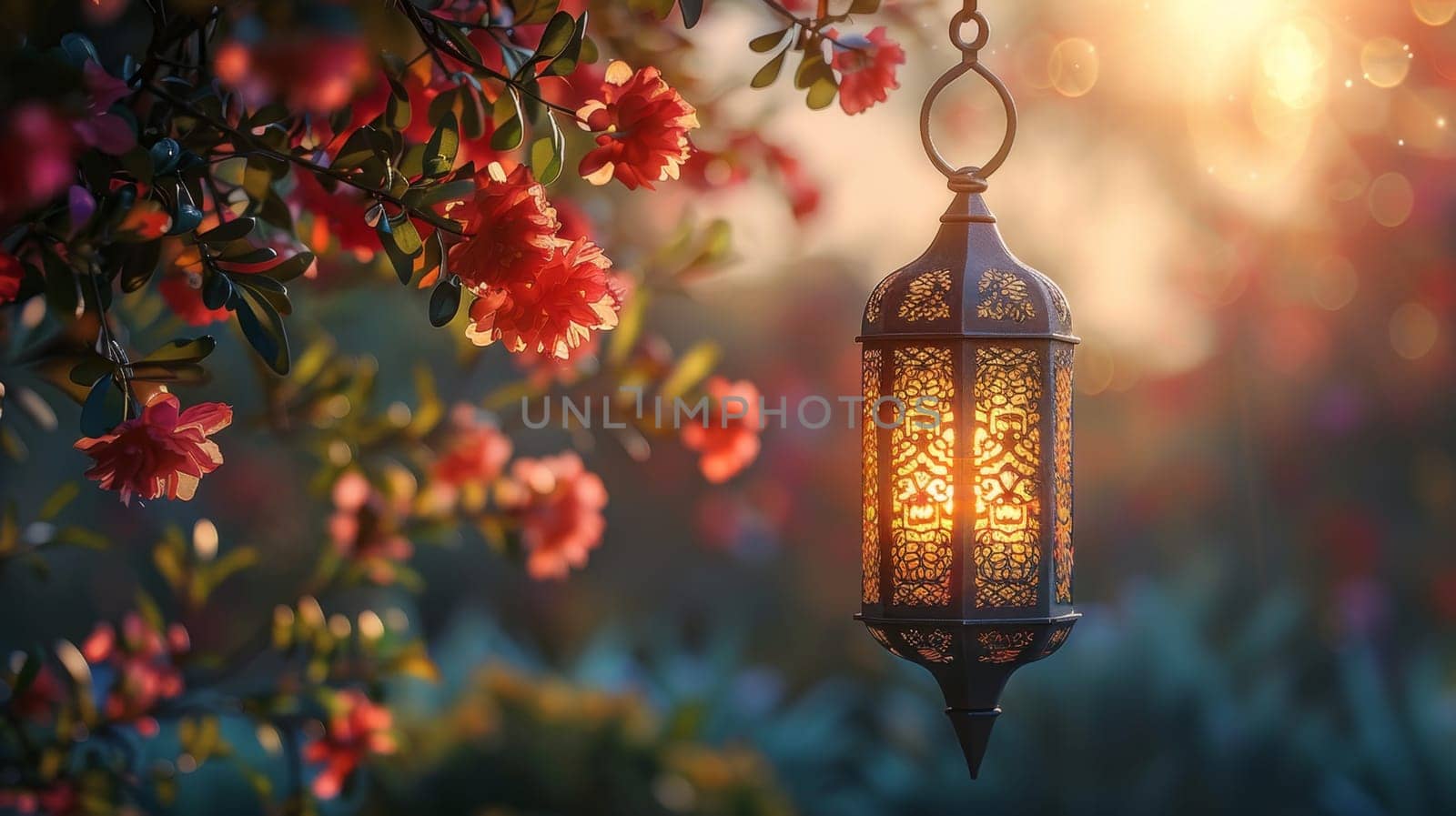 Decorative Arabic lantern with burning candle, glowing in the night. Festive card, invitation to the holy holiday for Muslims Eid al adha by Lobachad