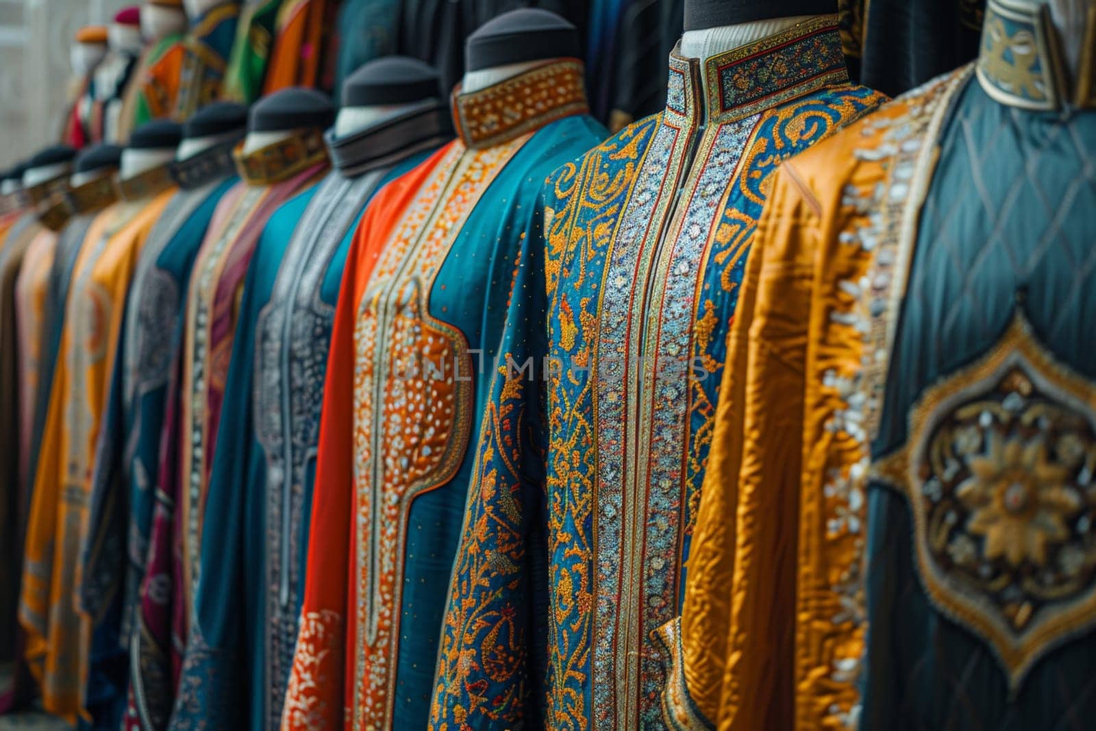 A traditional Muslim clothing store in the market. Clothes are hanging on hangers by Lobachad