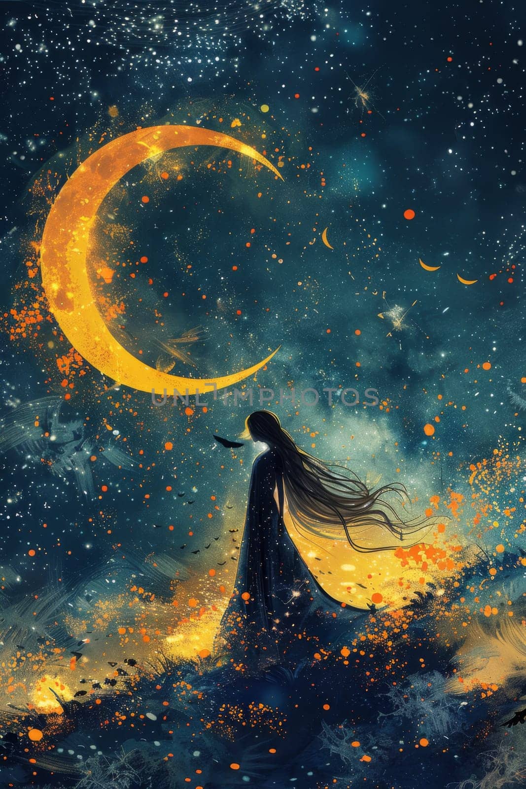 A woman on the background of a crescent moon. Eid al-Adha holiday by Lobachad