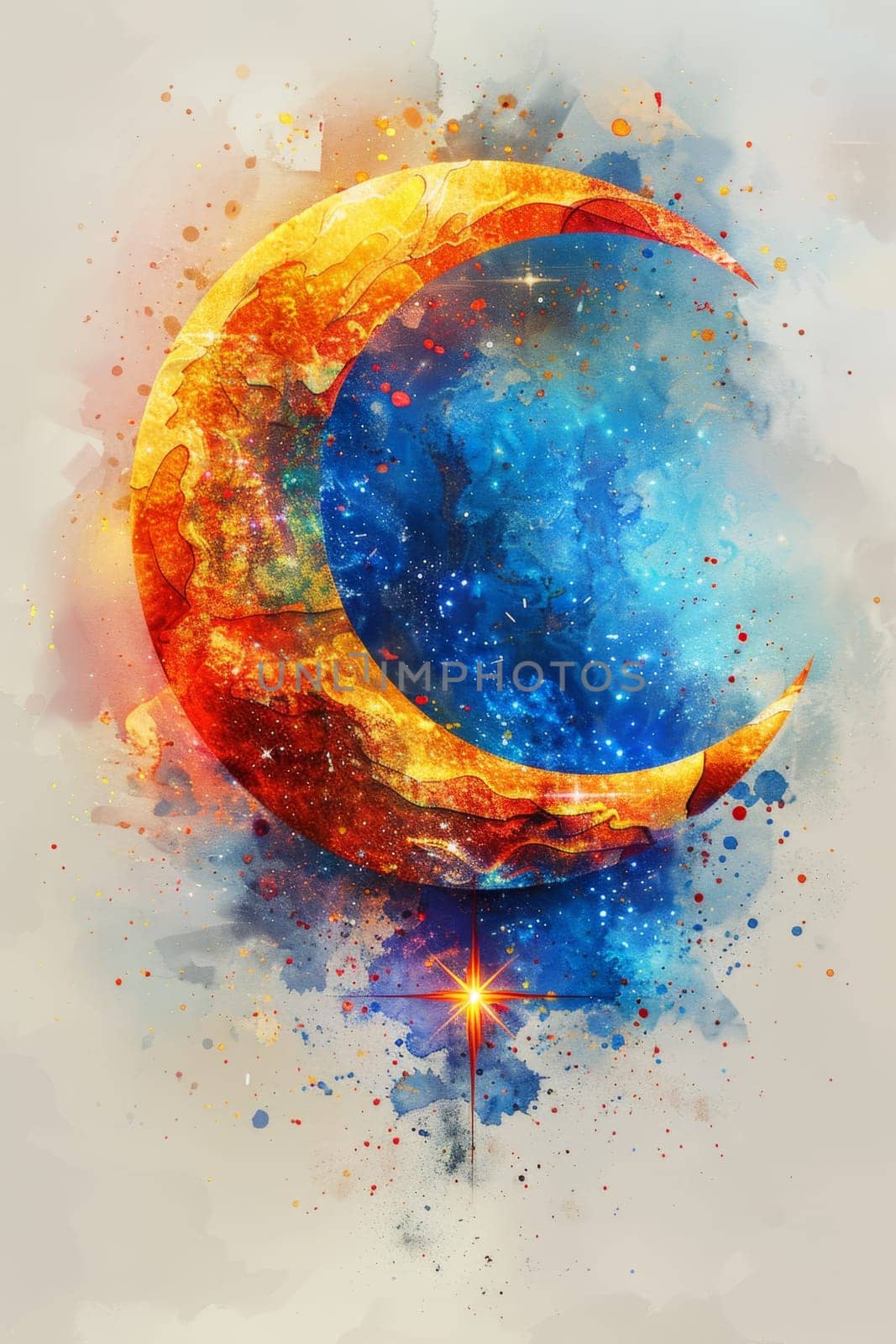 The symbol of the holy holiday of Eid al-Adha. A crescent moon and a star. The halal symbol. illustration by Lobachad