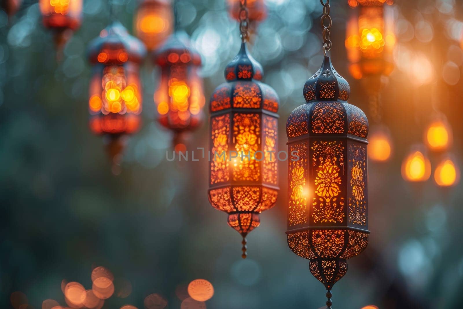 Decorative Arabic lantern with burning candle, glowing in the night. Festive card, invitation to the holy holiday for Muslims Eid al adha.