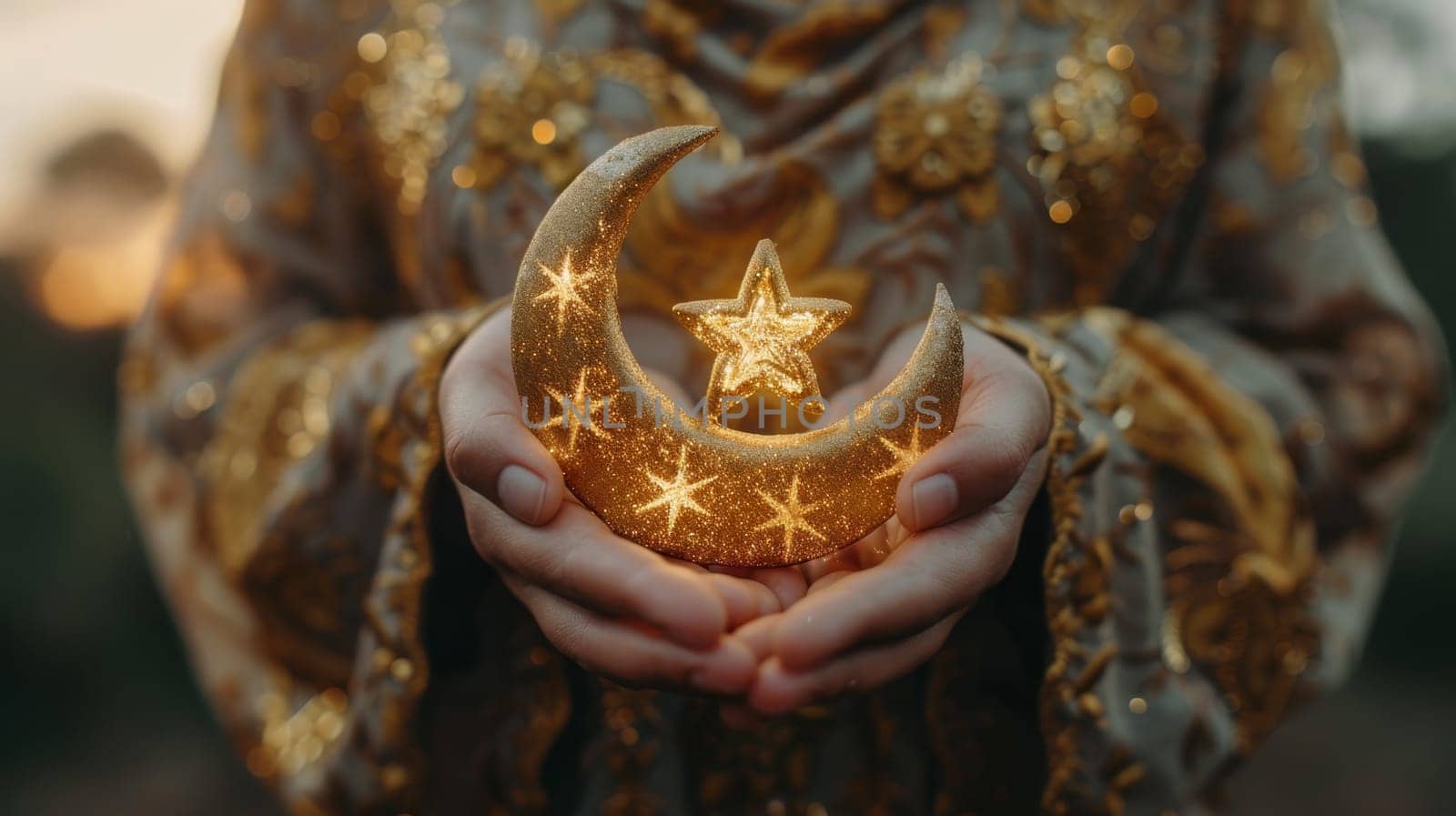 The symbol of the holy holiday of Eid al-Adha. A crescent moon and a star in your hands by Lobachad