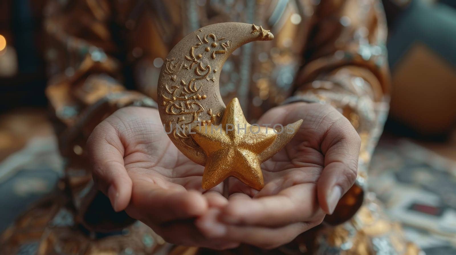 The symbol of the holy holiday of Eid al-Adha. A crescent moon and a star in your hands.