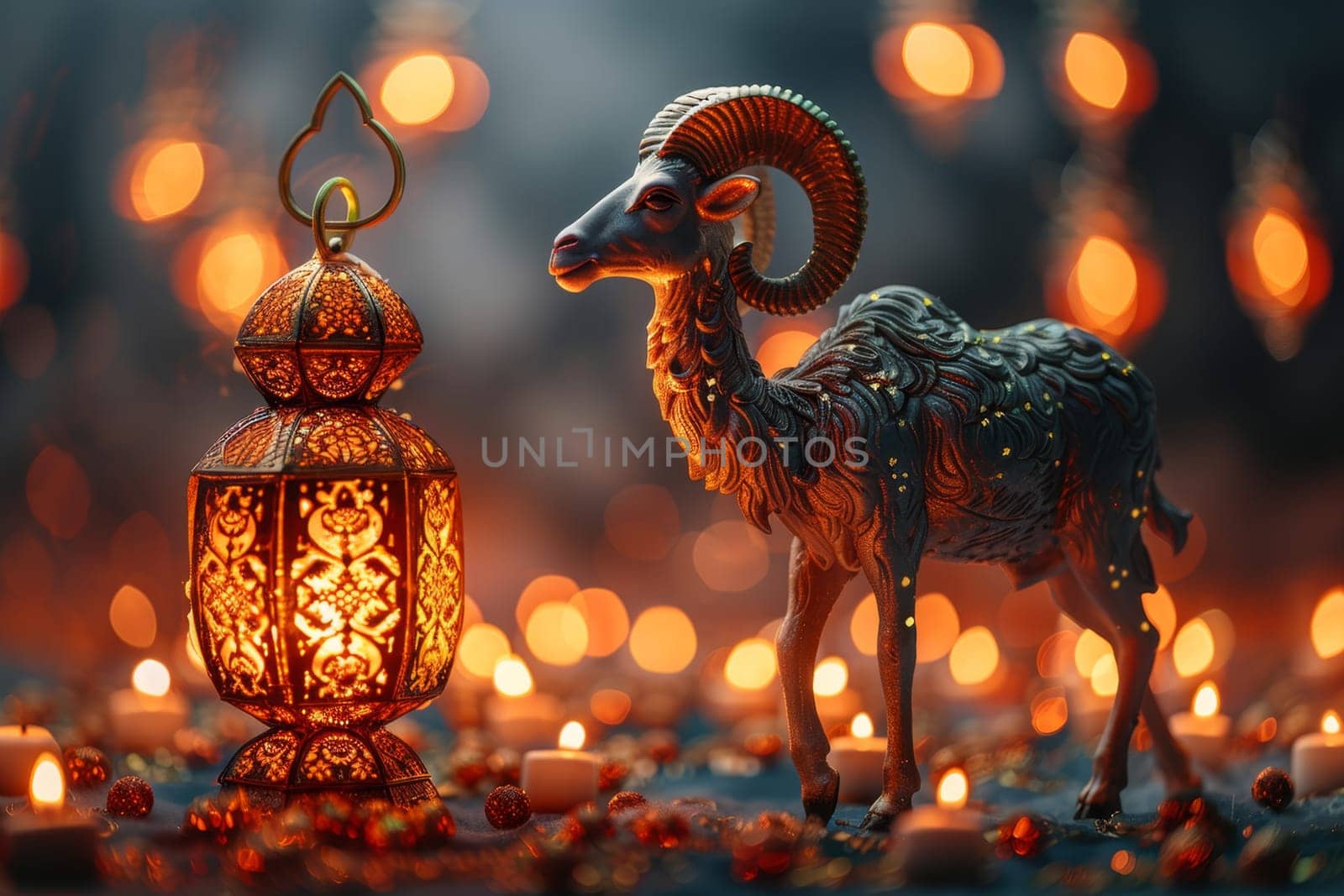 Portrait of a ram and a lamp. The Eid al-Adha Mubarak holiday, which is celebrated after the completion of the annual Hajj. The Feast of Sacrifice.