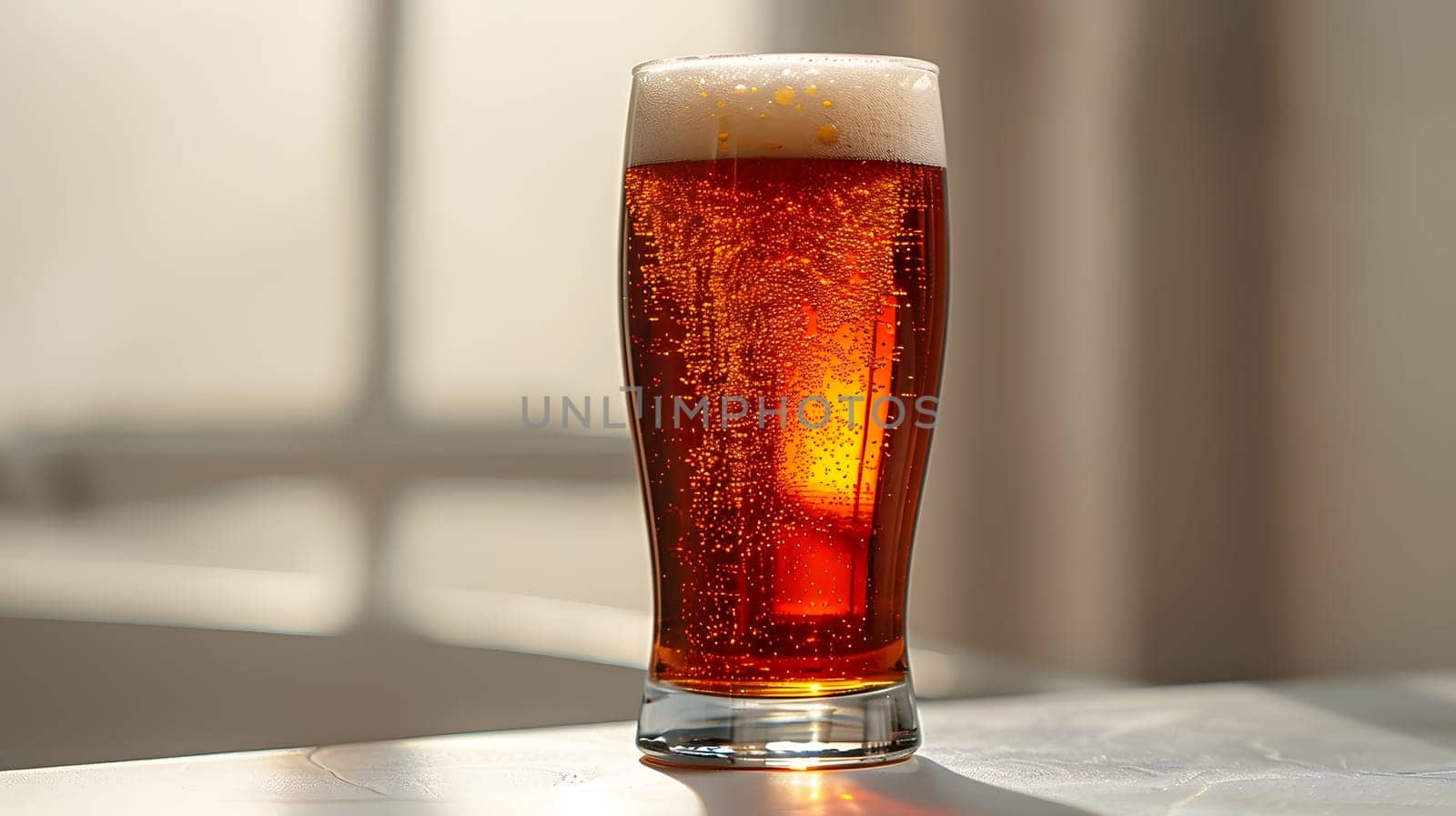 A beer glass is placed on a table by a window, showcasing the stemware and liquid inside. The highball glass reflects the automotive lighting