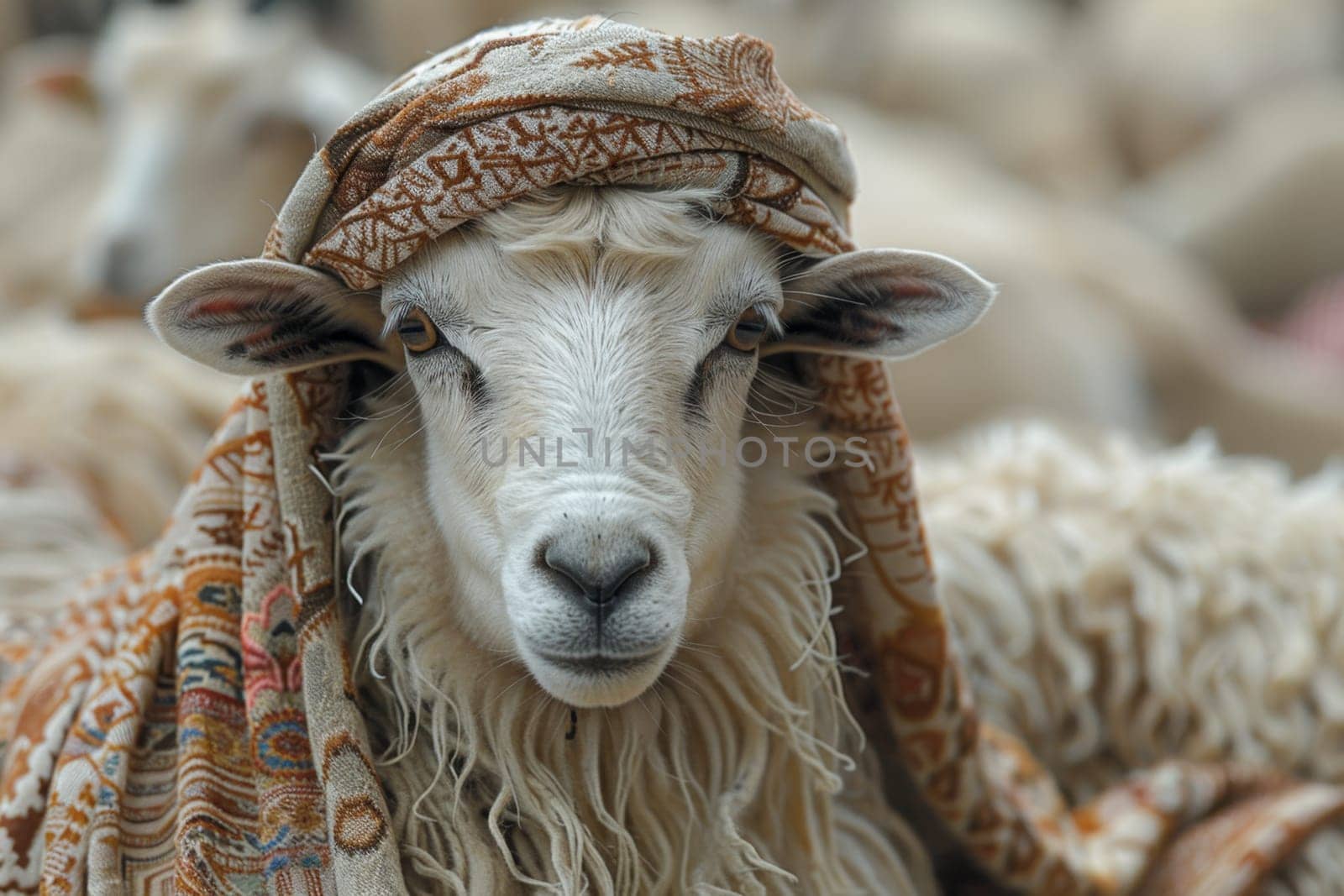 Portrait of a sheep. Eid al-Adha Mubarak holiday, a holiday that is celebrated after the culmination of the annual Hajj. The feast of sacrifice by Lobachad