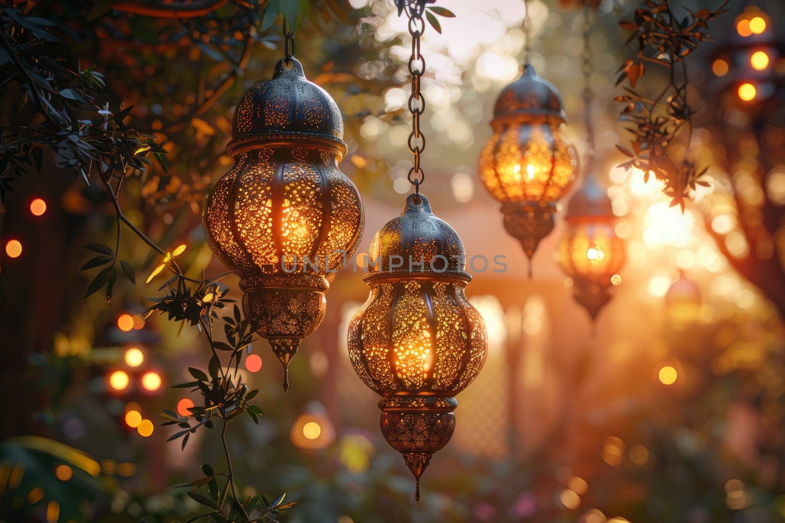 Decorative Arabic lantern with burning candle, glowing in the night. Festive card, invitation to the holy holiday for Muslims Eid al adha by Lobachad
