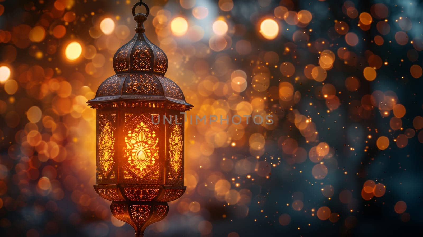 Decorative Arabic lantern with burning candle, glowing in the night. Festive card, invitation to the holy holiday for Muslims Eid al adha by Lobachad