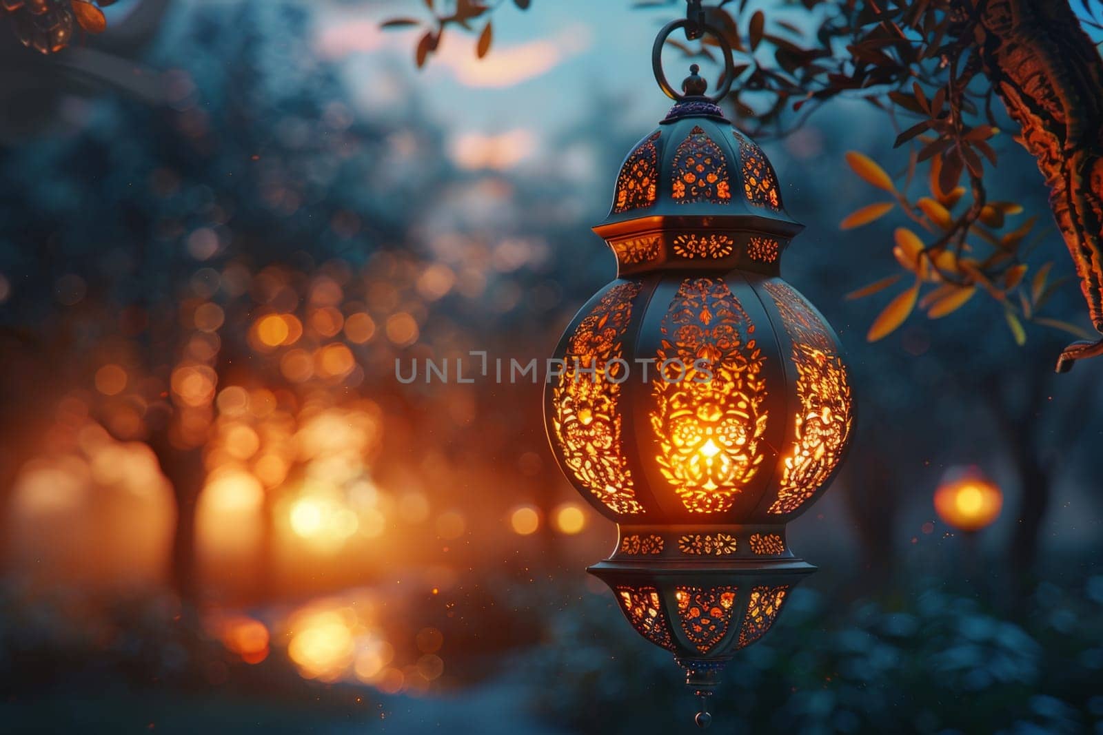 Decorative Arabic lantern with burning candle, glowing in the night. Festive card, invitation to the holy holiday for Muslims Eid al adha.
